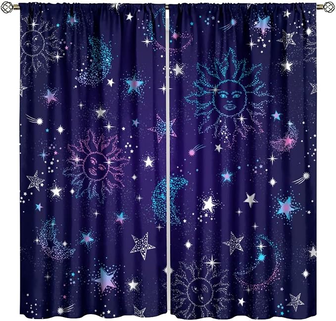 Sun Moon Stars Blackout Window Curtains, Space Galaxy Pattern Print Window Treatment Drapes for Bedroom Living Room 55" W X 63" L