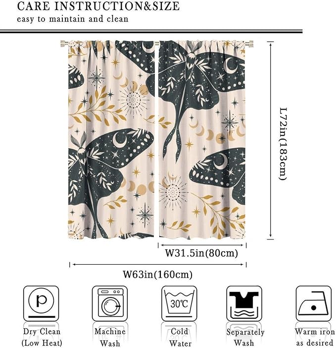 Witchy Curtains, Goth Curtains, Moth Decor, Star Curtains, Moth Curtains Darkening Curtains Botanical Curtains for Bedroom Living Room W63xL72 Inch