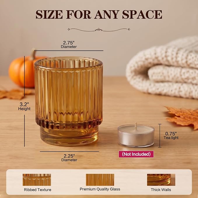 Kate Aspen Vintage Glass Tealight & Amber Votive Candle Holders (Set of 6) Rustic Fluted Candle Holder Set, Boho Home Decor, Wedding Table Centerpieces, Farmhouse Kitchen Table Decor