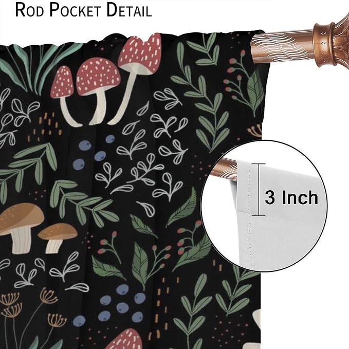 Mushroom Curtains, Cartoon Green Leaves Mushroom Wildflower Plant Botanical Boho Herb Nature Garden Print Blackout Window Drapes for Living Room Kids Bedroom 84x84in