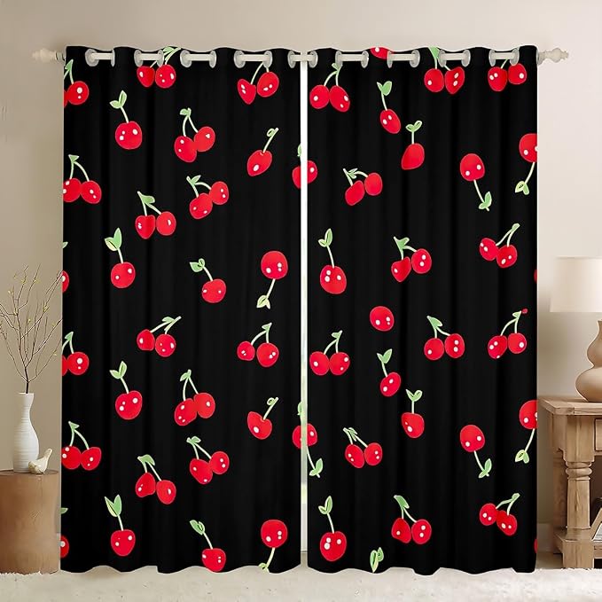 Girls Red Cherry Window Curtains, Kawaii Blackout for Kids Boys Adult Women, Cartoon Fruit Drapes 2 Panels, Cute Cherry for Bedroom Living Room Decor, 52"Wx84"L, Black Red