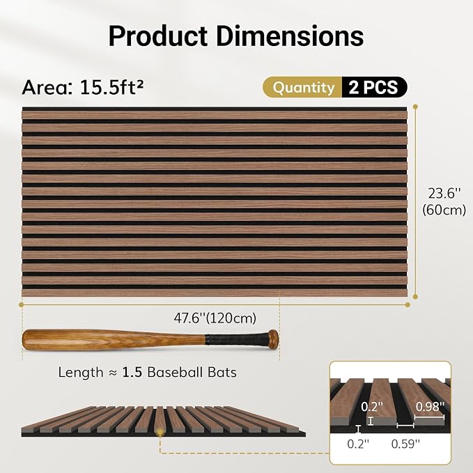 TONOR Wood Slatwall Panels, 2 Pack 47.2" x 23.6"/ 120 x60cm(15.5ft²) Acoustic Wall Panels, Wood Slat Acoustic Panels for Noise Cancelling and Wall Décor Living Room, Bedroom, Home Decor, Walnut
