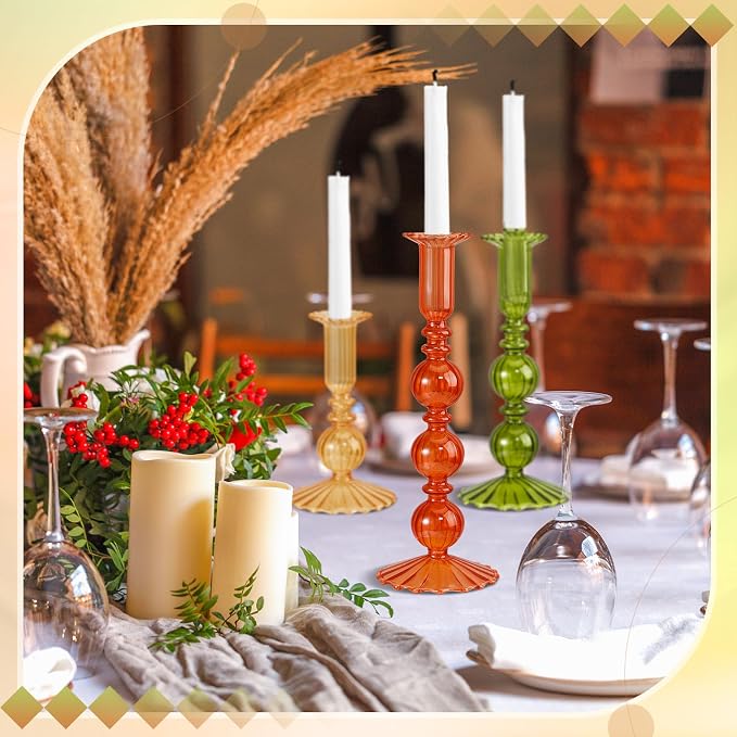 Mumufy 3 Pcs Fall Glass Candlestick Holders Thanksgiving Ball Shaped Glass Taper Candle Holder Amber Olive Honey Gold Fall Candle Stick Vase Decor for Holiday(5.9, 7.9, 10 inch,Vivid)