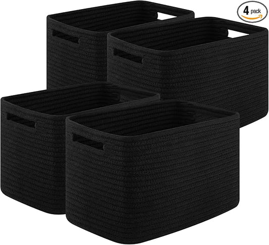 OIASKET Storage Baskets for Organizing, Woven Decorative Baskets for Shelves - Books, Towels, and Clothes, Cotton Rope Toy Storage Bins, 12.7''Lx9''Wx7.8''H, Pack of 4, Black