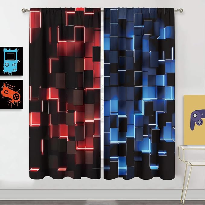MESHELLY Red and Blue Curtains 42Wx63H Inch Rod Pocket Abstract 3D Cubes Gradient Design Cool Modern Men Boys Game Gaming Checkered Bedroom Window Drapes Aesthetic Printed Living Room Window Treatment