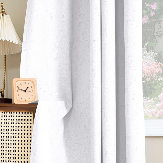 H.VERSAILTEX Linen Look 100% Blackout Curtains 45 Inches Long for Bedroom Full Light Blocking Rod Pocket Linen Textured Thick Window Curtain Drapes with White Backing, Pure White, 2 Panels
