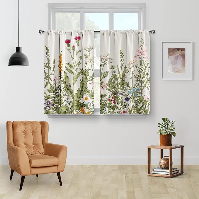 Aimego Floral Rustic Plant Kitchen Curtains - Spring Flower Botanical Farmhouse Country Green Leaves Small Cafe Short Tier Curtains for Bathroom Rod Pocket Window Drapes 24 Inch Length 2 Panels Set