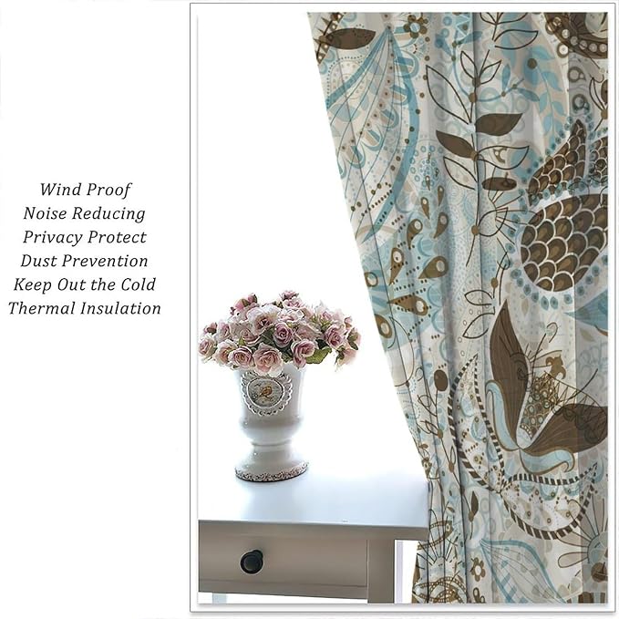 Boho Curtains, Peris Flower Print Pattern Home Window Treatments, Bedroom Living Room Kitchen Office Blackout Curtains84X84 Inch