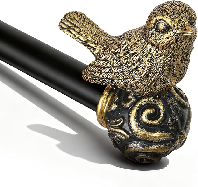 Black Curtain Rods for Windows 48 to 84 Inch, Vintage Decorative Curtain Rod with Gold Bird Finials, 1'' Adjustable Heavy Duty Drapery Rod Set for Bedroom Living Room Kitchen,36-88''