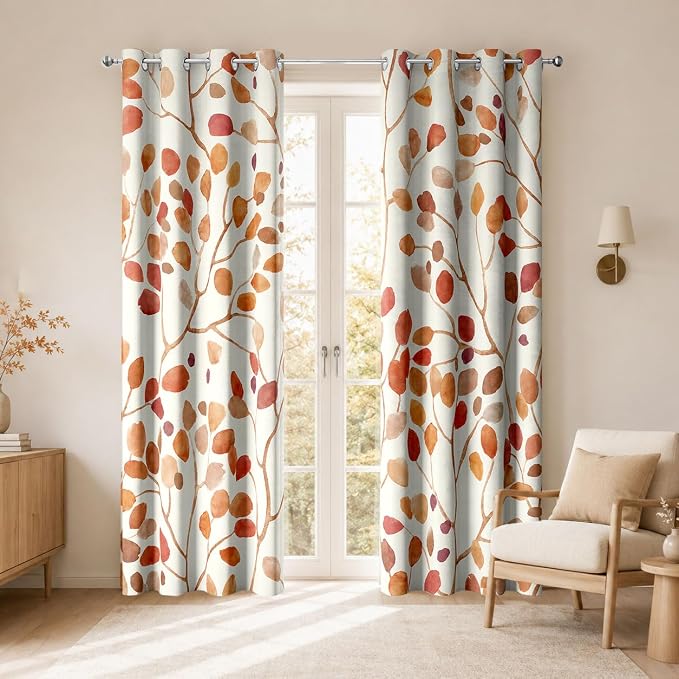 Boho Orange Brown Leaf Floral Blackout Curtains, Watercolor Bohemian Flower Print Window Drapes, Living Room Bedroom Decor 2 Panels 52x84 Inch