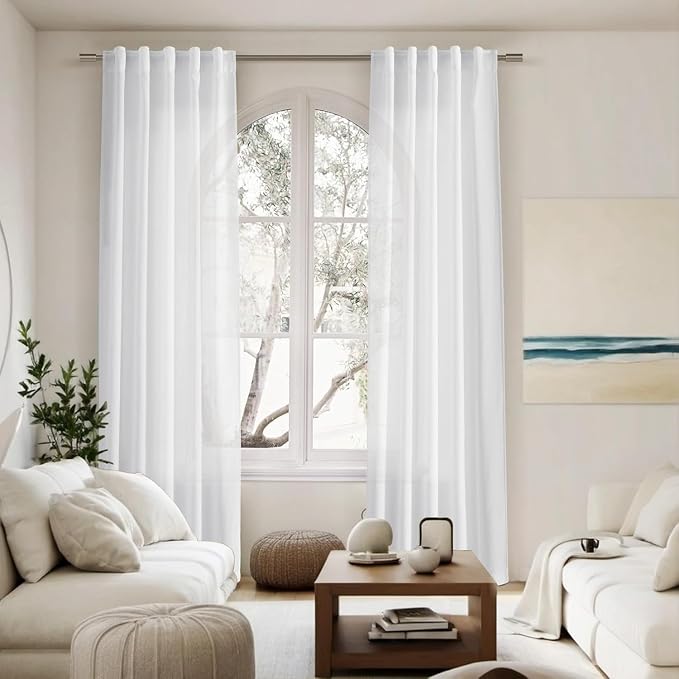 Nanspring White Linen Curtains for Living Room 60 inch Length Light Filtering Semi Sheer Curtains Back Tab and Rod Pocket Modern Farmhouse Curtain for Bedroom, 2 Panels 34 x 54 Inch