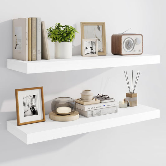 Marsmiles 36" Floating Shelves for Wall, Wooden Shelves with Invisible Brackets Set of 2, Rustic Farmhouse Wall Mounted Shelf for Kitchen Bathroom Living Room Study, White