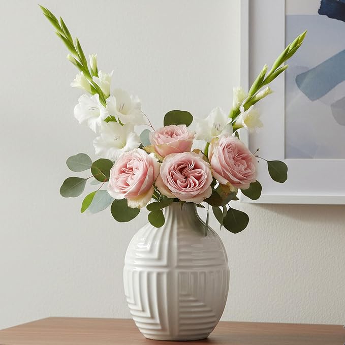 hjn Hand-Glazed White Ceramic Vase - 5.7" H Modern Decorative Centerpiece Vase for Fresh/Dried Flowers, Home Decor for Living Room Bookshelf Mantel | Wedding Housewarming Gift