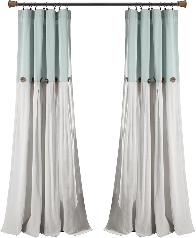 Lush Decor Linen Button Window Curtain Panel, Single, 40" W x 84" L, Blue & Off White- Country Curtains - Rustic Decor - Color Block - Modern Farmhouse Curtains