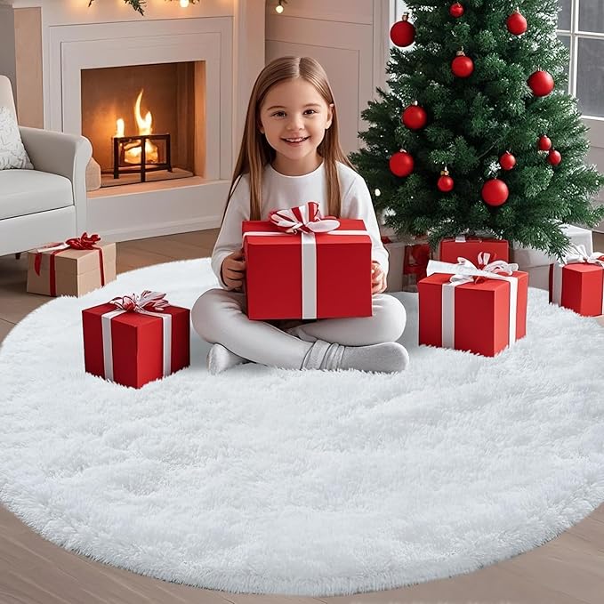 Round Fluffy White Rug 4x4ft: Ultra Soft Furry Girls Bedroom Carpet- Oval Plush Rug for Girls Room & Kids Room, Nursery (4ft, White)
