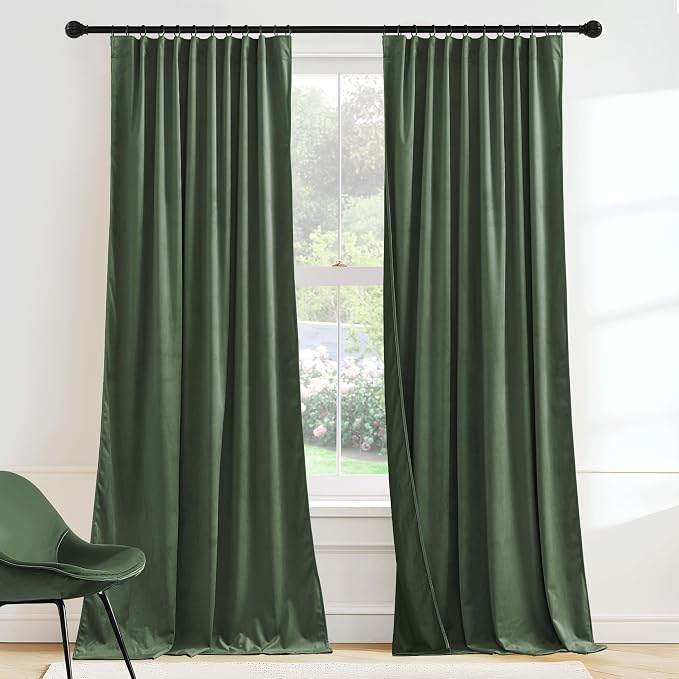 RYB HOME Elegant Green Velvet Curtains 80 inches Long, Light Blocking, Thermal Insulated, Stylish Velvet Drapes with Hook Belt for Cozy Home Aesthetics, 52" W x L80 L, 2 Panels Set