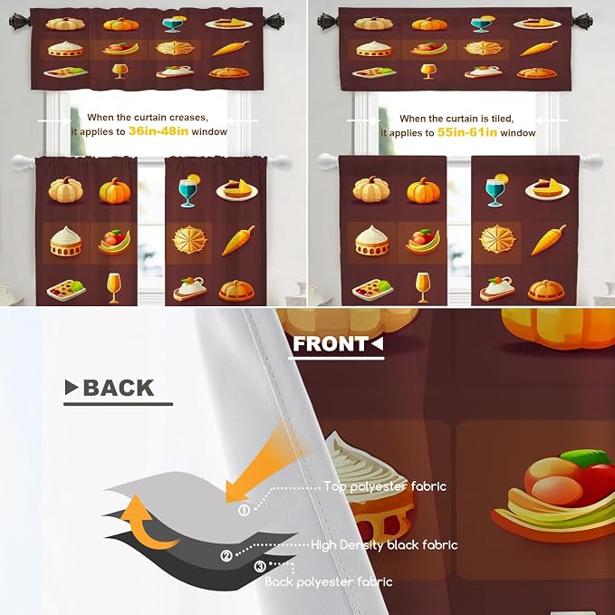 Shrahala Happy Thanksgiving Day Blackout Curtain Tiers, Pumpkin Turkey Bird Leaves Kitchen Valance Light Blocking Tier Drapes with Rod Pocket, 2 Pack 26 X 36 in