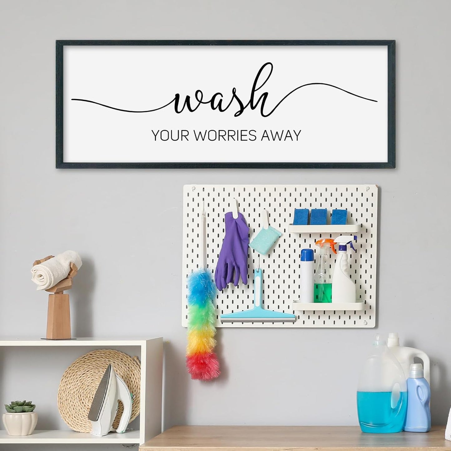 SRSZHIYUE Wash Your Worries Away Bathroom Sign Wall Art 32"×12" Funny Restroom Toilet Large Wood Framed Hanging Decor (Black)