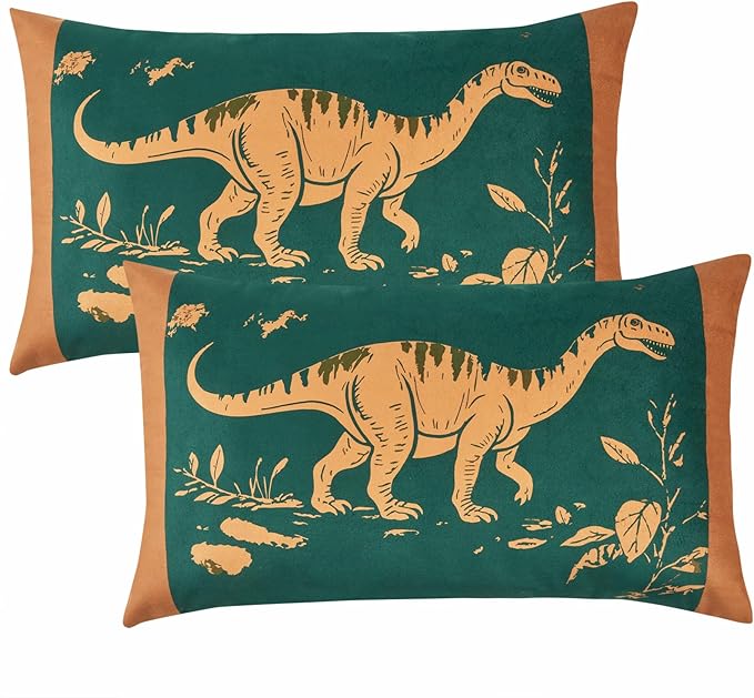 Dinosaur Print Throw Pillow Covers, Cozy Dutch Velvet Pillow Covers 12x20, Brown & Green Pillow Cases with Special Pattern for Sofa, Bed, Window, Adorable Home Decor (Set of 2, Only Covers)