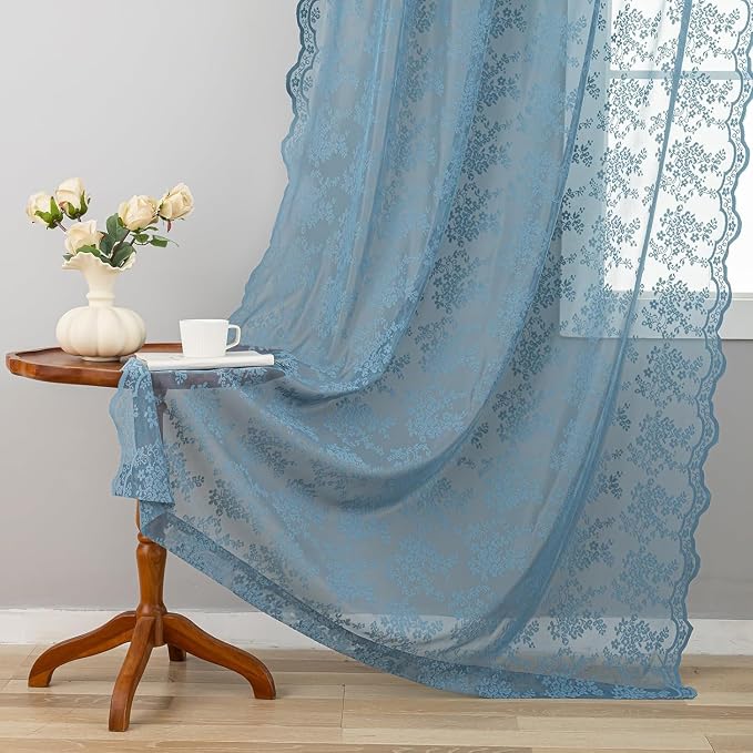 YJ YANJUN Vintage Lace Curtains 54 Inch Length for Bathroom - Slate Blue Floral Kitchen Short Sheer Panels with Scalloped Edge Boho Coatal Small Window Treatments Rod Pocket W52 X L54 2 Panles Denim