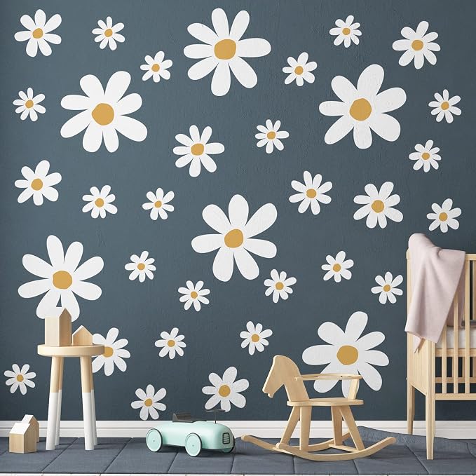 TaoBary 12 Sheet Daisy Wall Sticker Decal Removable Cute Daisy Bedroom Room Decor Flower Wall Sticker Pink White Flower Decal Wallpaper Peel and Stick for Nursery Home(White, Yellow,Cute Style)