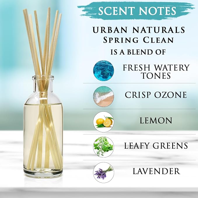 Urban Naturals Reed Diffuser Set, Spring Clean - Bathroom Shelf Décor | Fresh, Crisp Fragrance of Lemon, Leafy Greens & Lavender, Essential Oil Room Scent Infuser with Reed Sticks, Made in the USA