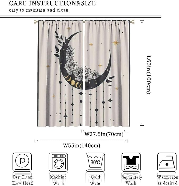 Witchy Curtains, Moody Curtains for Bedroom, Goth Curtains, Moth Curtains Moon Curtains for Bedroom Living Room W55xL63 Inch