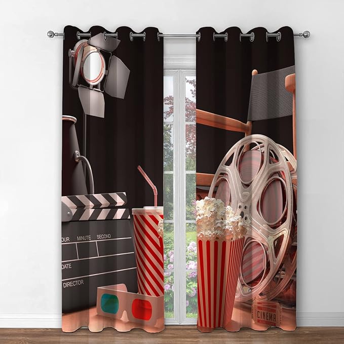 Jekeno Movie Theater Blackout Curtains Movie Theater Decor for Bedroom Living Room Object of Cinema Film Reel Motion Picture Red Black Print Grommet Window Drapes 2 Panel Set, 42"x63"