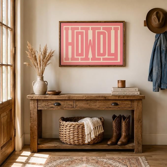 QIYFFBN Framed Pink Howdy Wall Art Western Cowgirl Picture Decor 24x36in | Cream Preppy Canvas Painting,Retro Southwestern Country Prints,Farmhouse Living Room Bedroom For Teen Girls Wall Decor