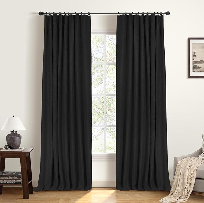 INOVADAY 100% Blackout Curtains for Bedroom, Black Out Curtains 72 Inch Long, Clip Rings Linen Blackout Drapes, Thermal Insulated Room Darkening for Living Room, 2 Panels - Black,W50xL72
