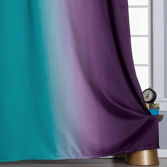 Estelar Textiler Ombre Teal and Purple Blackout Curtains 2 Panels, Grommet Thermal Insulated Gradient Drapes for Kids Room Bedroom, 52x45 Inch