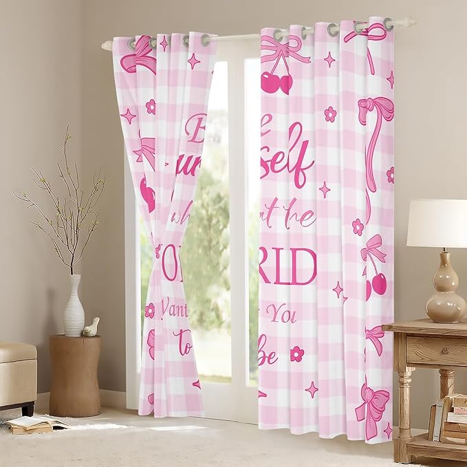 Erosebridal Cute Cherry Bow Window Curtain 52" Wx84 L,Pink Bow Kids Curtain Ribbon Bowknot Window Treatments for Girls Teen Women,Pink White Plaid Flower Stars Curtains & Drapes
