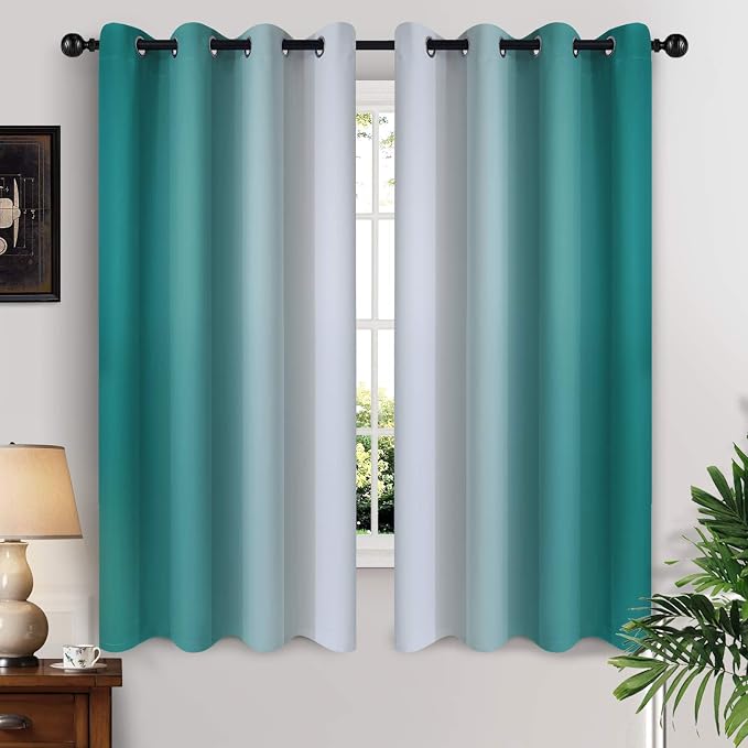Yakamok Ombre Curtains Teal and Greyish White for Living Room,52Wx63L | Room Darkening Curtains 63,Thermal Insulated Gradient Color Drape,Light Blocking Grommet Window Curtains for Bedroom,2 Panels