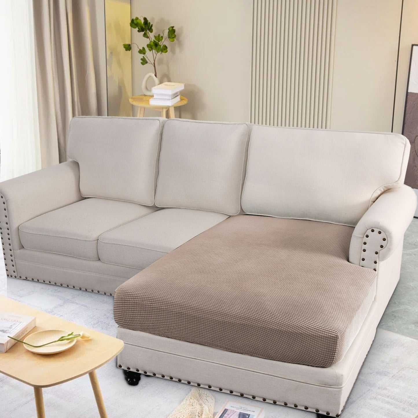 H.VERSAILTEX Super Stretch Individual Chaise Cover Sectional Couch Covers for L Shaped Sofa Both Left/Right Featuring Thick Jacquard Textured Twill Fabric (1 Piece Chaise Cover, Sand)