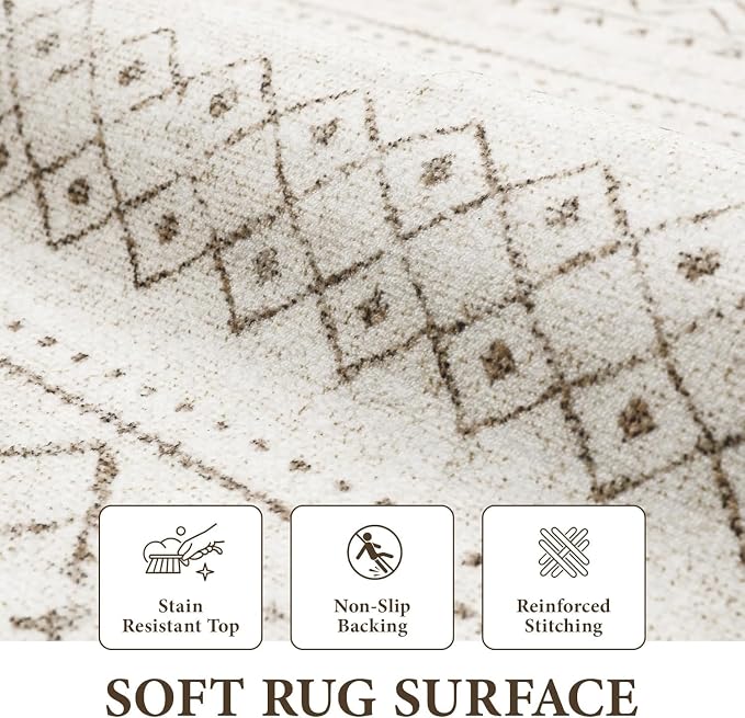 Area Rug for Living Room 6x9: Large Washable Boho Moroccan Rugs Geometric Neutral Rug, Non-Slip Foldable Morden Farmhouse Indoor Floor Carpet for Bedroom Dining Table Home(Brown,6X9)