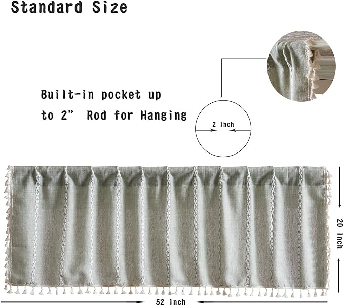 RoomTalks Sage Green Boho Kitchen Valances for Windows Rod Pocket 18’’L x 52’’W Spring Summer French Striped Modern Farmhouse Chic Tassel Curtain Valances for Bathroom Living Room