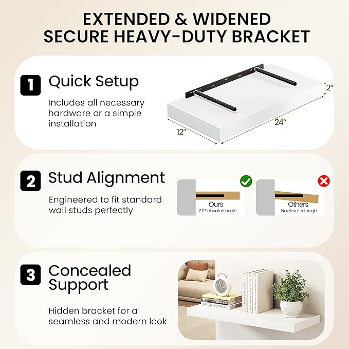 White Floating Shelves 48Inch Long, 12 Inch Deep Floating Shelves for Wall, 48 x 12 Large Floating Shelf for Fireplace Mantel, 2" Thicked Rustic Wall Shelves for Living Room, Bedroom Storage, 2 Packs