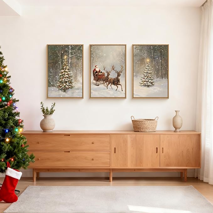 LHIUEM Christmas Santa Reindeer Framed Canvas Wall Art Set,Vintage Trees Snowy Wall Decor,Sleigh Deer Forest Winter Wall Printing for Living Room,Bedroom,Dining Room,Office -24"x36"x3