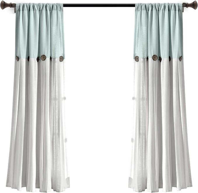 Lush Decor Linen Button Window Curtain Panel, Single, 40" W x 63" L, Blue & Off White - Country Curtains - Rustic Decor - Color Block Modern Farmhouse Curtains For Living Room, Bedroom & Dining Room