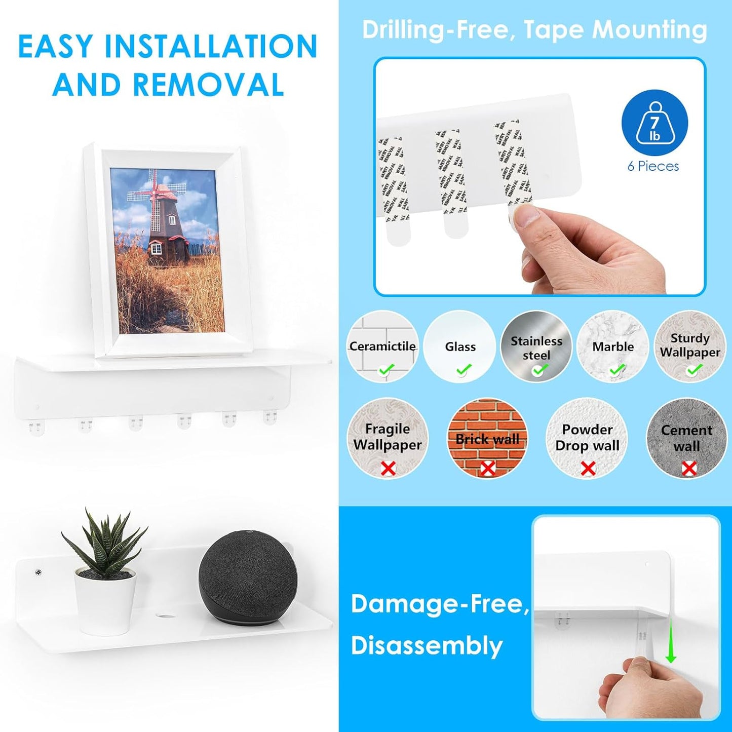 OAPRIRE White Acrylic Floating Shelves Set of 2 - Damage Free Expand Wall Space - 12 Inch Wall Shelves with Strong Adhesive for Bathroom, Bedroom, etc