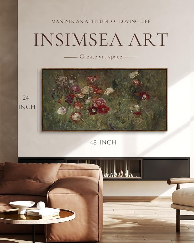 InSimSea Extra Large Framed Vintage Wall Art, Living Room Country Farmhouse Decor, Flowers Botanical Paintings, Canvas Prints, Retro Floral Long Picture for Bedroom Above of Bed,24x48inch