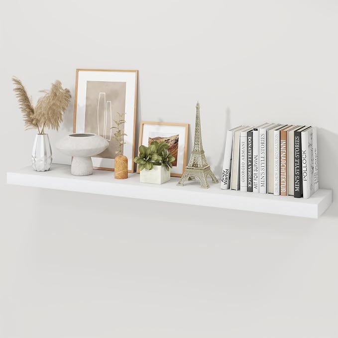 White Floating Shelves for Wall for Wall, 9.3" Deep Wall Mounted Wood Shelves for Bathroom, Bedroom (White, 48)
