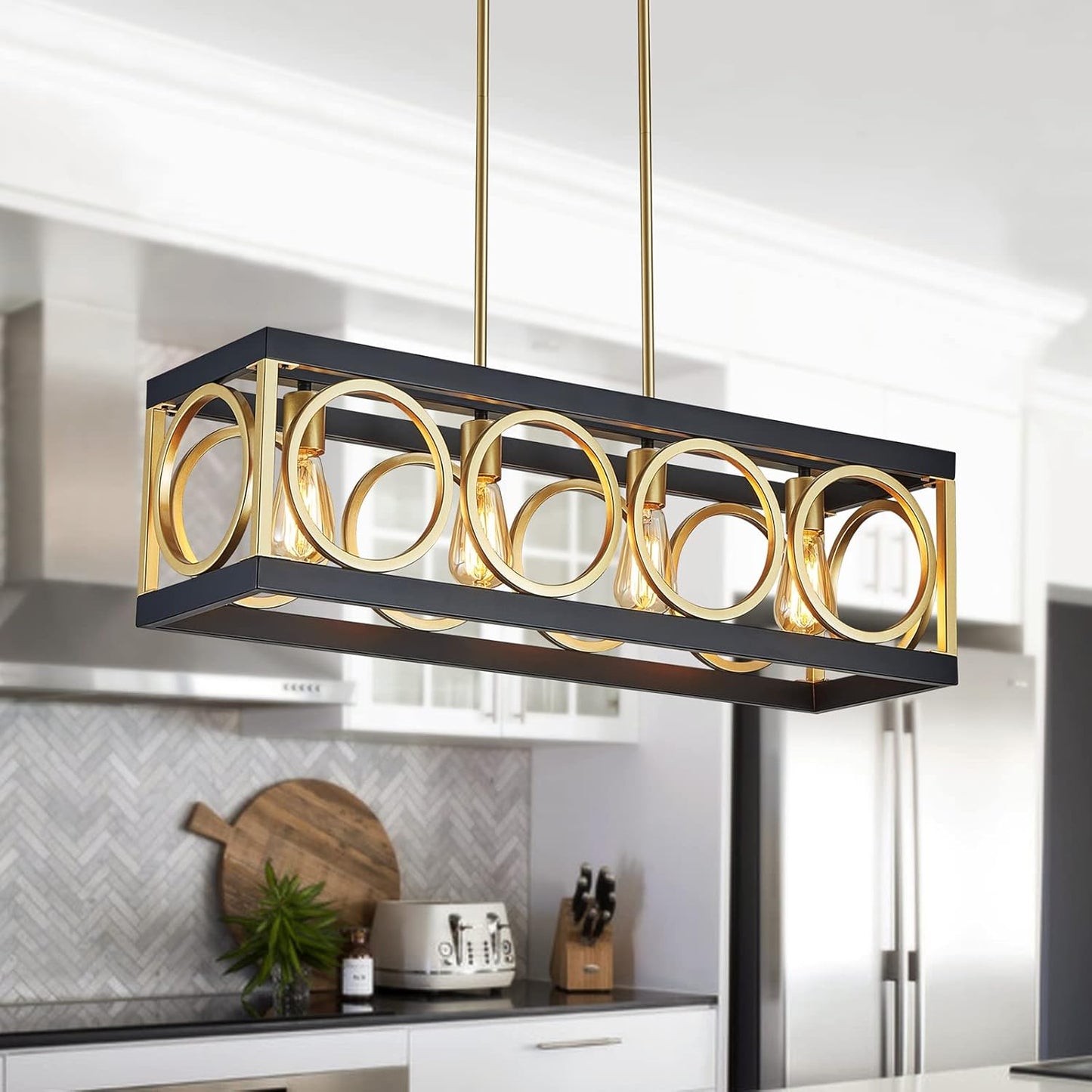 XINGQI Modern Rectangle Chandelier, Farmhouse Kitchen Island Lighting Rustic Industrial Hanging Light Fixture 4-Light Metal Linear Pendant for Dining Room Living Room Hallway, Black and Gold