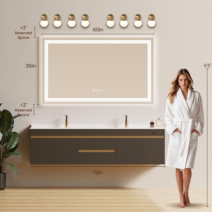 60X36 LED Bathroom Mirror with Lights, Anti-Fog, Backlit + Front Lit, Lighted Bathroom Vanity Mirror for Wall, Memory Function, Dimmable, Tempered Glass, Shatter-Proof