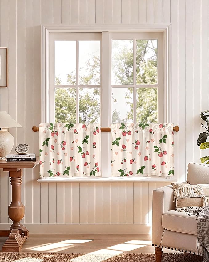 Miss Adola Farmhouse Kitchen Tier Curtains - 18 Inch Length Linen Blend Country Cafe Curtains Strawberry Small Window Treatments Over Sink Rod Pocket for Bathroom Living Room Light Filtering, 2 Panels