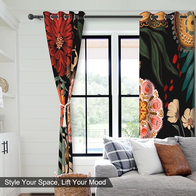 Boho Blackout Curtains for Bedroom, Bohemian Floral Black Living Room Curtains 84 Inch Length 2 Panels Set, Thermal Insulated Light Filtering Soundproof Black Out Window Drapes with Curtain Tiebacks