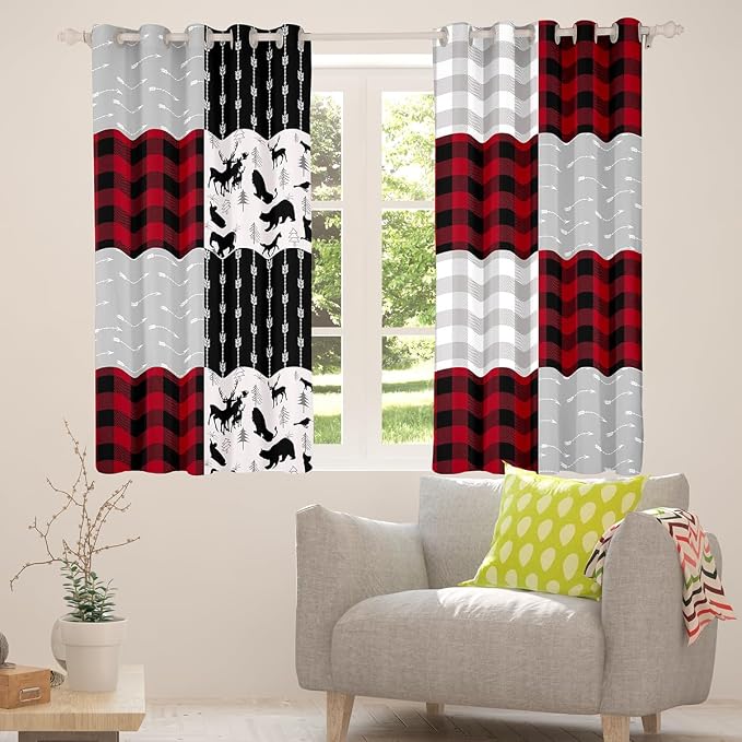 Buffalo Plaid Curtains For Boys Girls, Woodland Moose Window Curtains Vintage Deer Bear Curtains & Drapes 38"Wx54"L, Buffalo Plaid Farm Animal Blackout Curtains Rustic Patchwork Curtains, Red Black