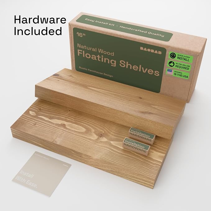 BAOBAB WORKSHOP Natural Wood Floating Shelves for Wall 16 inch - Floating Wall Shelves for Kitchen Bedroom - Wooden Bathroom Shelves - Floating Shelf - Oak Finish, 16W x 6.7D, Set of 2 | Solid Wood, Wall Mount, Kitchen Bedroom, Rustic Farmhouse, Oak Fi...