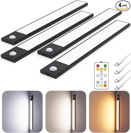12" Ultra-Thin Under Cabinet Lighting Wireless, Aluminum Alloy Under Counter Lights for Kitchen, 3-Color-Temps Magnetic Closet Lights, Rechargeable Motion Sensor Light Indoor (4 Pack, Black)