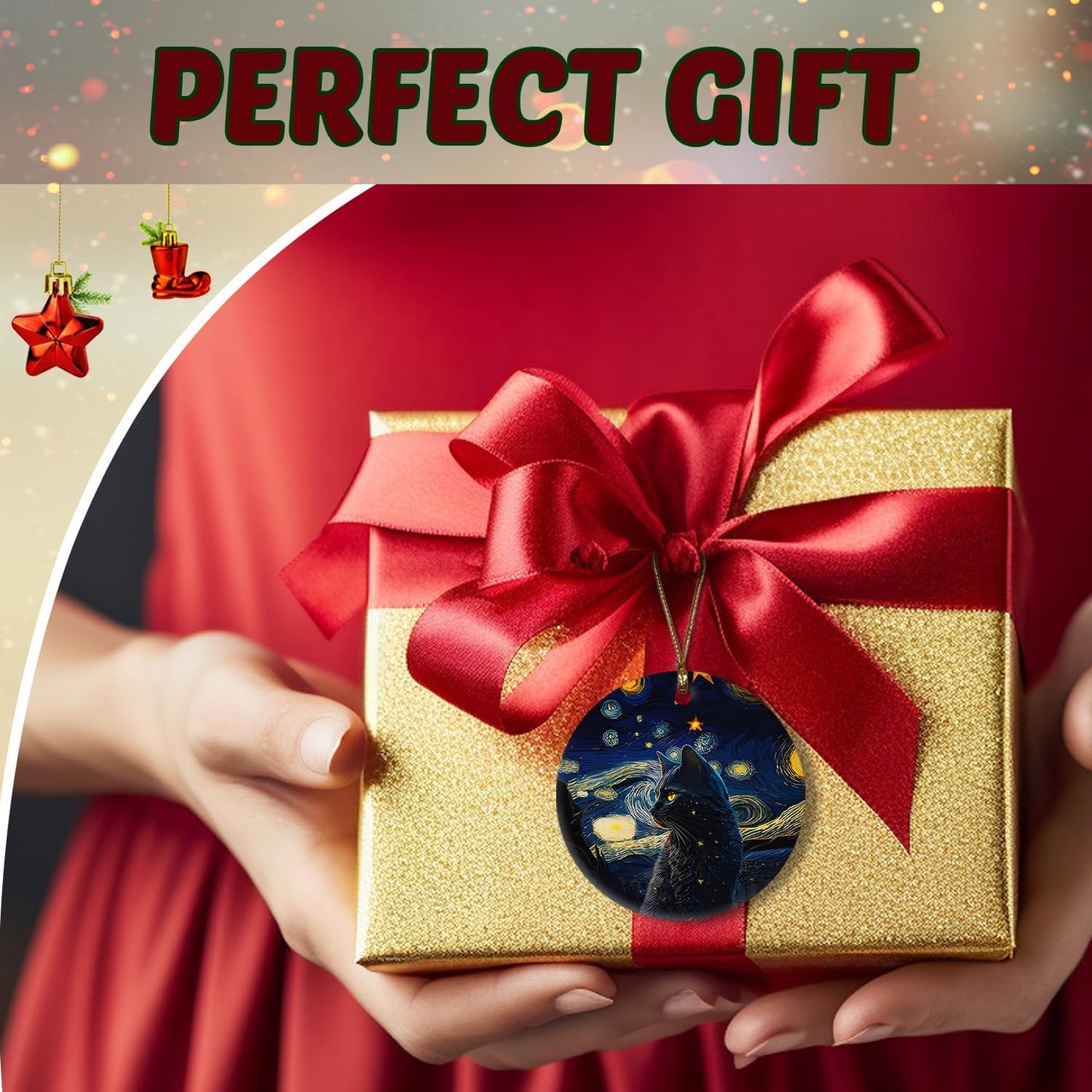 Black Cat Christmas Ornaments,Christmas Cat Gifts for Cats Mom Women,Starry Night Ceramic Hanging Ornaments